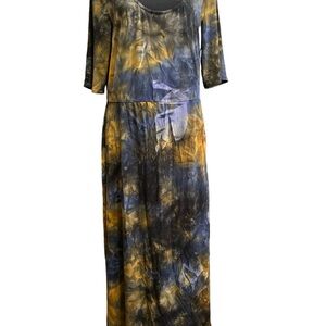 Connected Apparel Square Neck ¾ Sleeve Multi Print A-Line Knit Dress